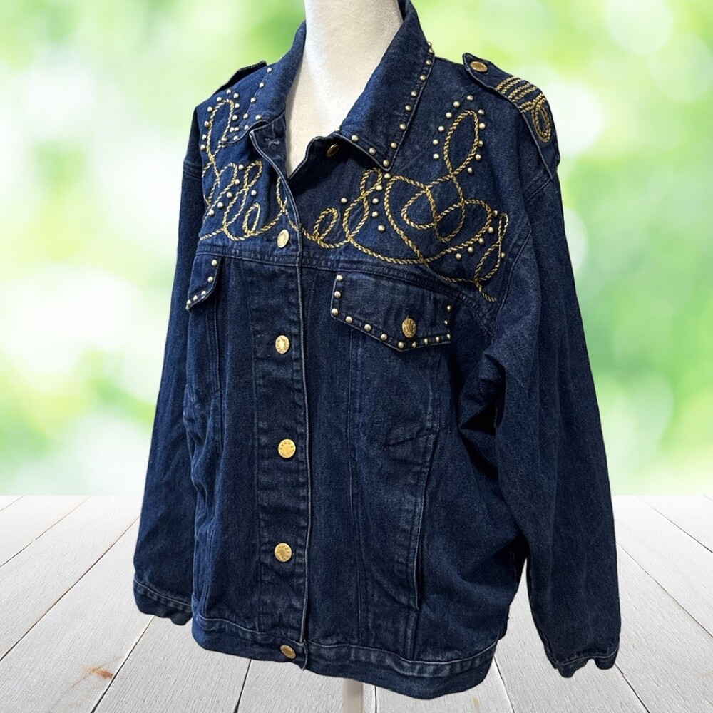 Vintage CAROLE LITTLE Embroidered Denim Jacket Gold Rope Studded Oversized Sz 8